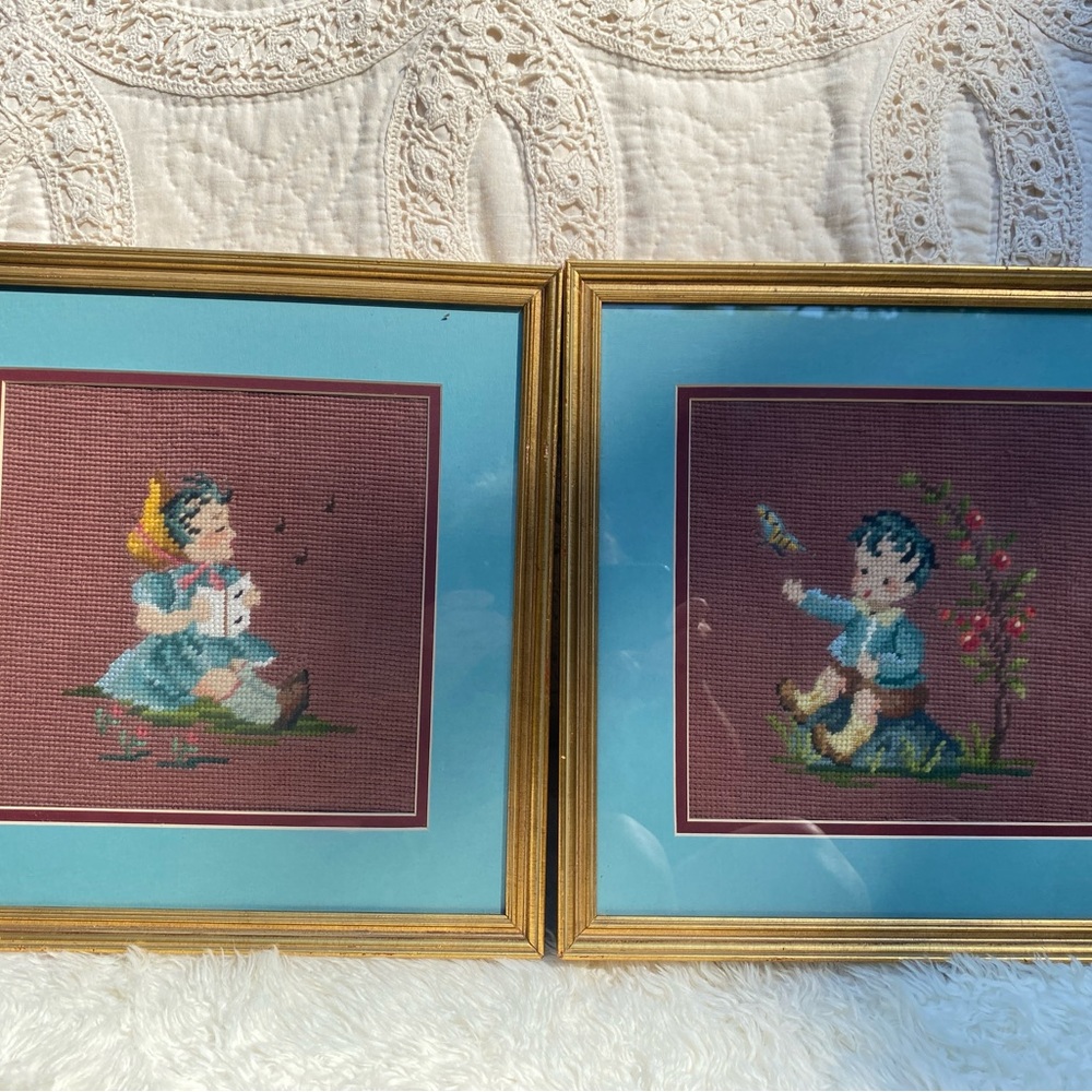Vintage Needlepoint Girl & Boy